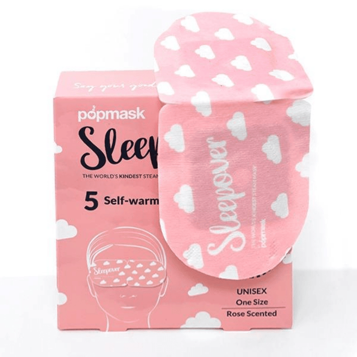 Pink Sleepover Self Warming Steam Mask | Popmask with white cloud patterns, designed for skincare and wellness, rose scented and suitable for unisex use.