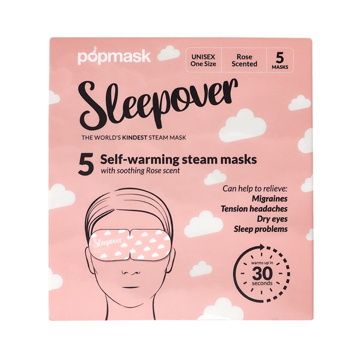 Packaging of Sleepover Self Warming Steam Mask | Popmask in soft pink, featuring five rose-scented steam masks designed for skincare and relief from migraines, tension headaches, dry eyes, and sleep problems.