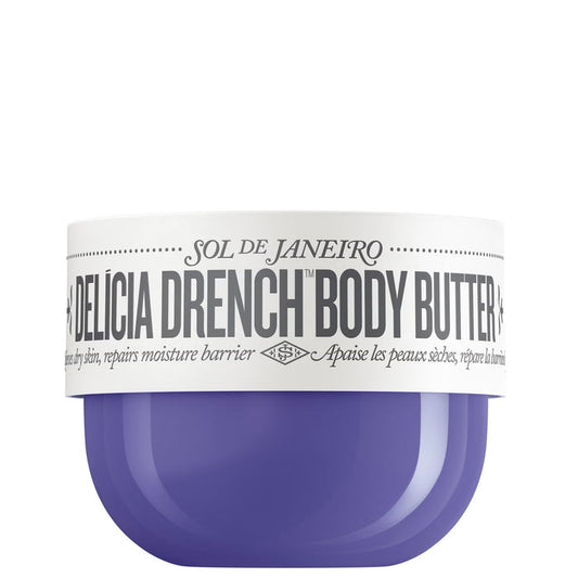 Sol de Janeiro Delicia Drench Body Butter jar with white lid and creamy texture, part of Sol de Janeiro skincare line.
