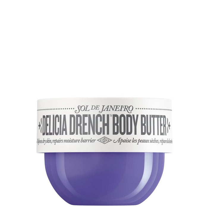 Sol de Janeiro Delicia Drench Body Butter in 75ml jar, creamy skin care product with tropical scent and smooth texture.