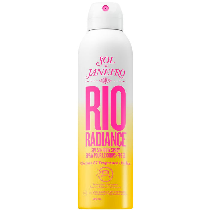 Sol de Janeiro Rio Radiance Body Spray SPF 50 in 200ml, featuring a sleek bottle and vibrant design for radiant skin protection