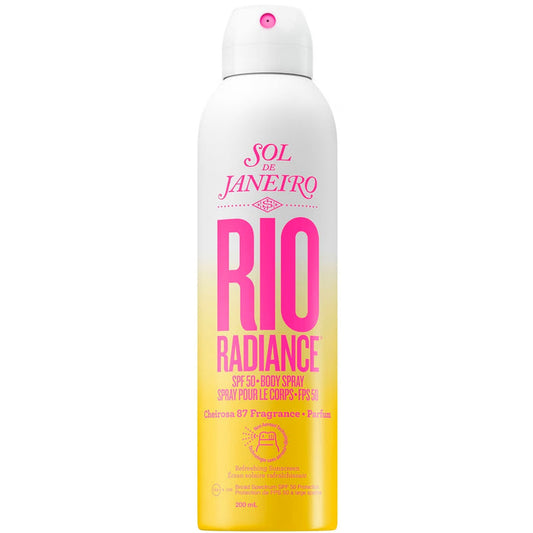 Sol de Janeiro Rio Radiance Body Spray SPF 50 in 200ml, featuring a sleek bottle and vibrant design for radiant skin protection