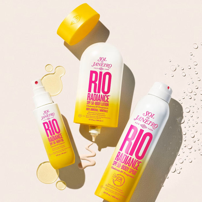 Sol de Janeiro Rio Radiance Body Lotion SPF 50, 200ml, showing the skincare bottle with bright packaging and product label.