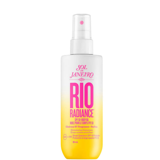 Sol de Janeiro Rio Radiance Oil SPF 50 bottle, a skin care product with golden liquid and pump dispenser.