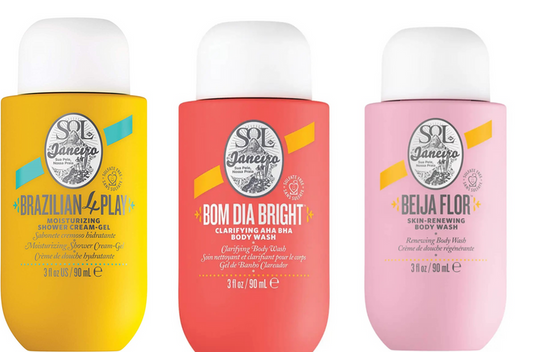 Set of three Sol de Janeiro travel-size shower gels in 90ml bottles, featuring vibrant packaging and creamy body wash formulas.