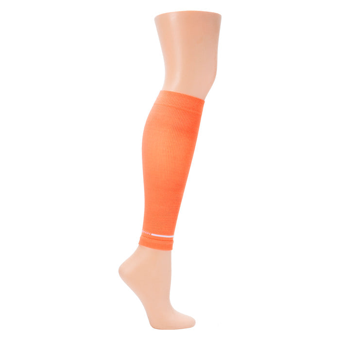 Orange compression calf sleeve displayed on a mannequin leg, extending from the ankle to just below the knee.