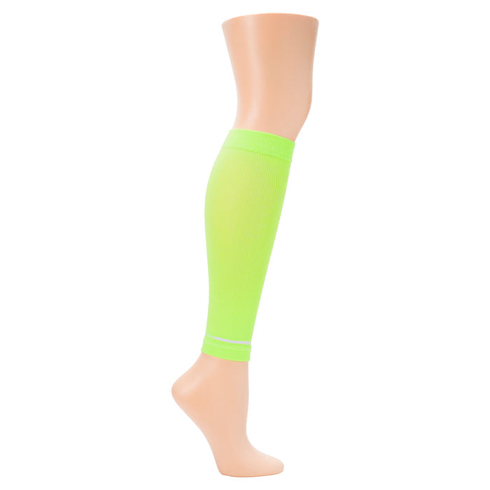 Neon green compression calf sleeve displayed on a mannequin leg, extending from knee to ankle.