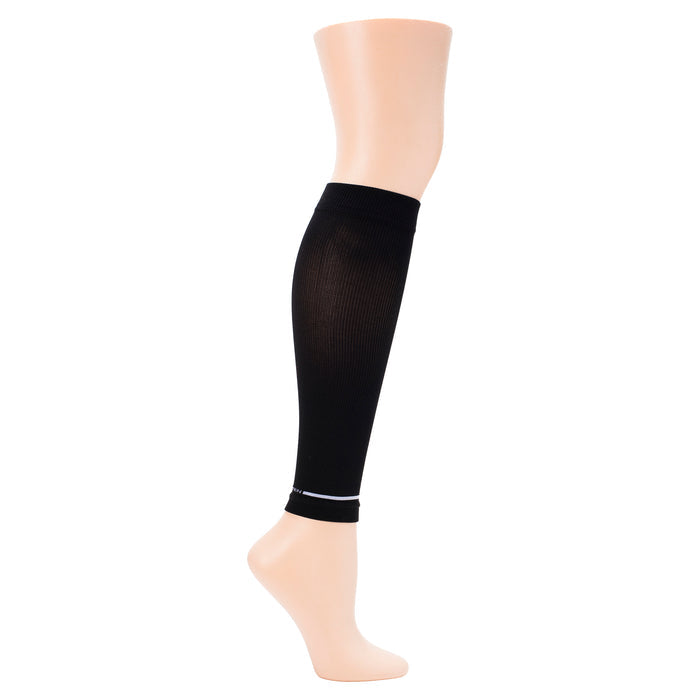 Black compression calf sleeve displayed on a mannequin leg, showing ribbed texture and a white accent band at the bottom.