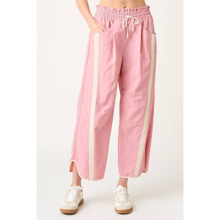 SPORTY STRIPE NYLON PULL ON BARREL LEG PANTS: PINK/CREAM / S-M-L(2-2-2)