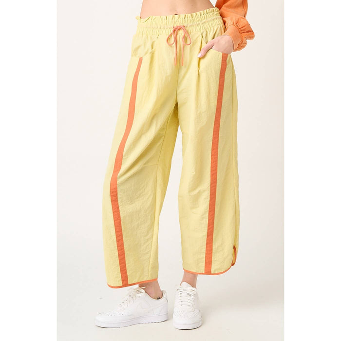 SPORTY STRIPE NYLON PULL ON BARREL LEG PANTS: PINK/CREAM / S-M-L(2-2-2)