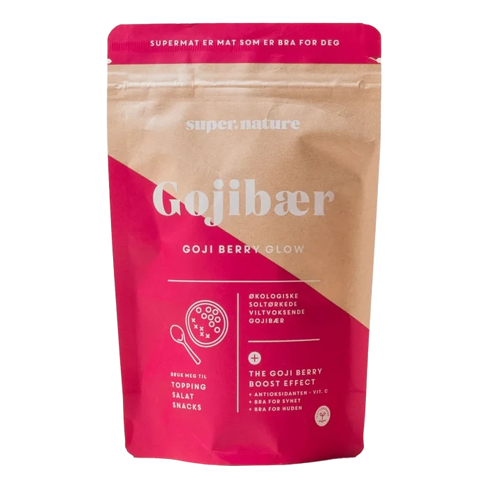 Supernature Gojibær økologiske soltørkede villvoksende gojibær i rød og brun pakke med antioxidant og vitamin C