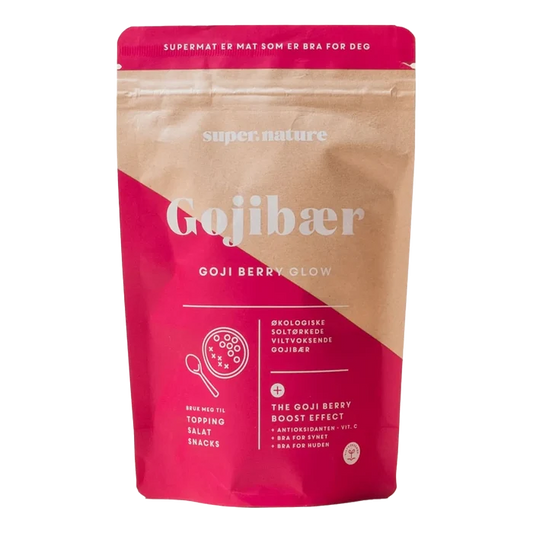 Supernature Gojibær økologiske soltørkede villvoksende gojibær i rød og brun pakke med antioxidant og vitamin C
