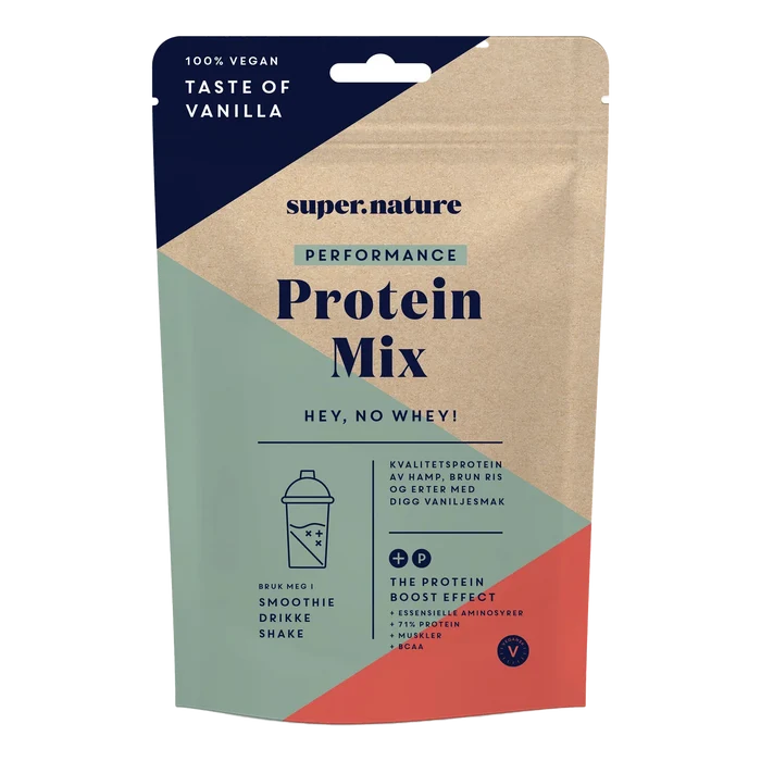 Supernature Performance Protein Mix i kraftpapirpakke med vaniljesmak, 100% vegan basert på hamp, ris og erter