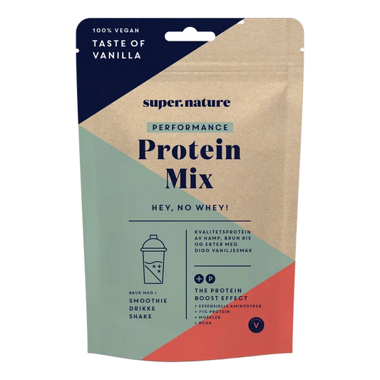 Supernature Performance Protein Mix i kraftpapirpakke med vaniljesmak, 100% vegan basert på hamp, ris og erter