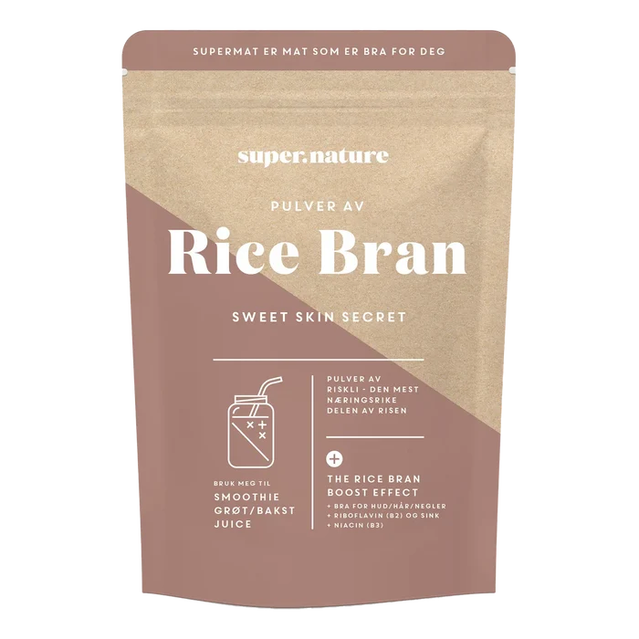 Supernature Rice Bran pulver i brun beige pose med vitamin E og sink for hud, hår og negler