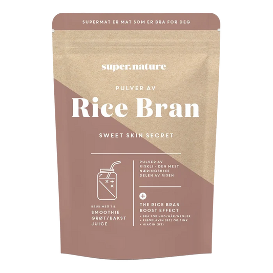 Supernature Rice Bran pulver i brun beige pose med vitamin E og sink for hud, hår og negler