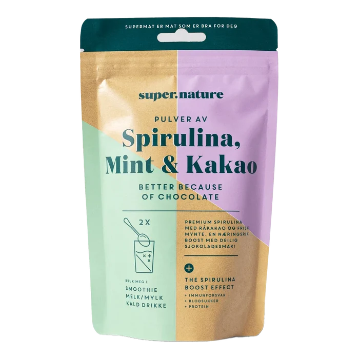 Supernature Spirulina Mint & Kakao pulver i metallisk grønn pakke med geometrisk design