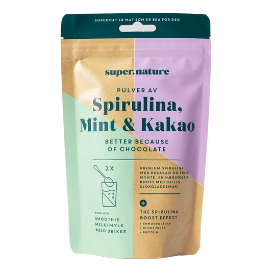 Supernature Spirulina Mint & Kakao pulver i metallisk grønn pakke med geometrisk design
