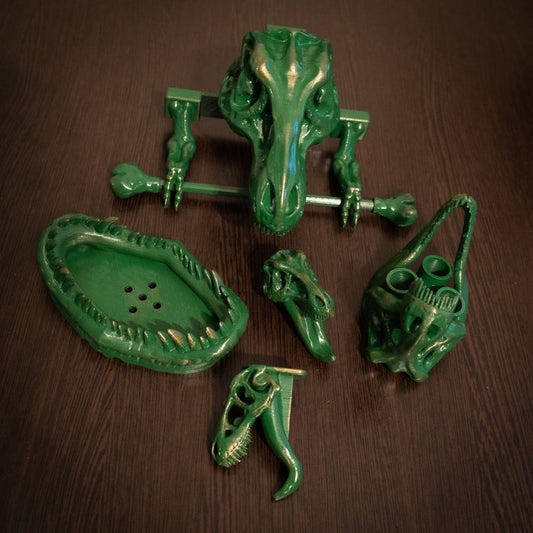 Full 5-piece T-Rex Dinosaur Bathroom Accessory Set in vibrant green