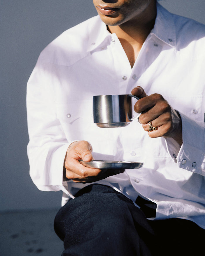 The Arlo 03 -  Brushed Stainless Steel Cup & Saucer - Service Projects