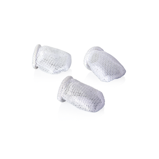 The Nuby Nibbler Feeder Replacement Net 3 pack features three white mesh nets made of breathable fabric, perfect for introducing whole foods to your baby. Each net is displayed on a white background and is compatible with the Nibbler feeder.