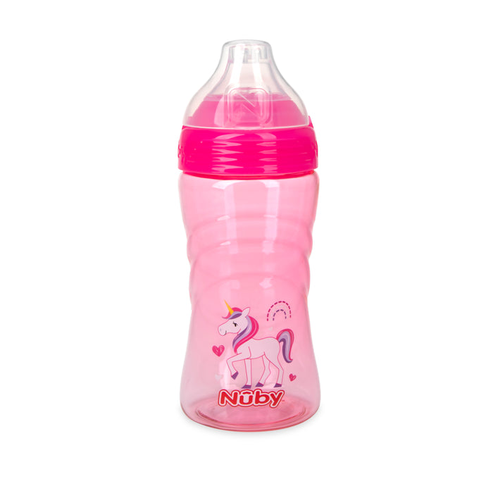 The Nuby Thirsty Kids Sip It Sport Beginner Travel Cup | Unicorn is a pink, no-spill sippy cup with a clear lid, silicone spout, and colorful unicorn, hearts, and rainbow graphics.