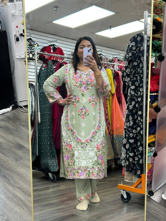 Kurti Connection USA sage green kurti set with intricate multi-colored floral embroidery and matching trousers