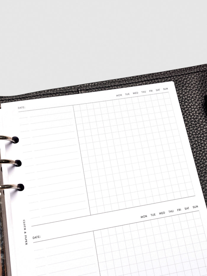 Insert in use inside a black leather planner.