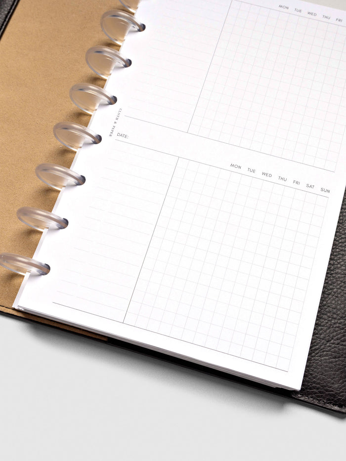 Insert in use inside a black leather planner.
