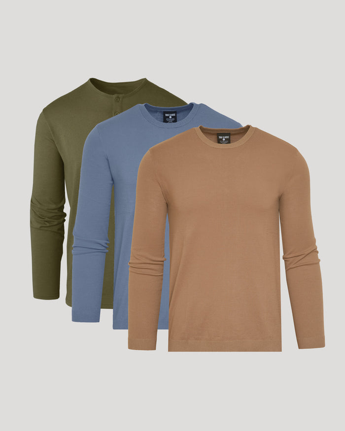 Variety Long Sleeves 3-Pack featuring Henley and crewneck sweaters.