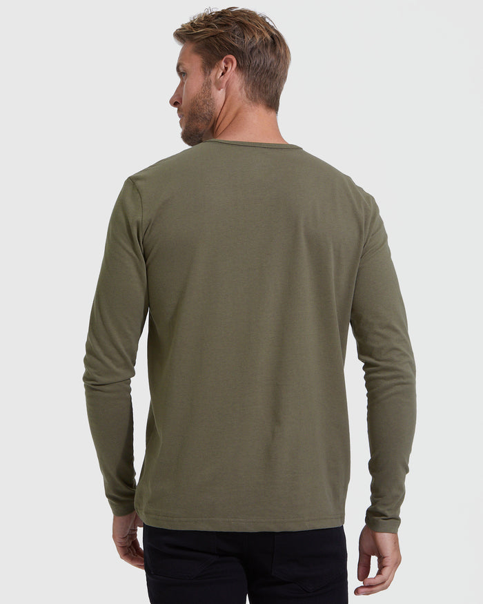 Man in Military Green Classic Long Sleeve Henley, back view.