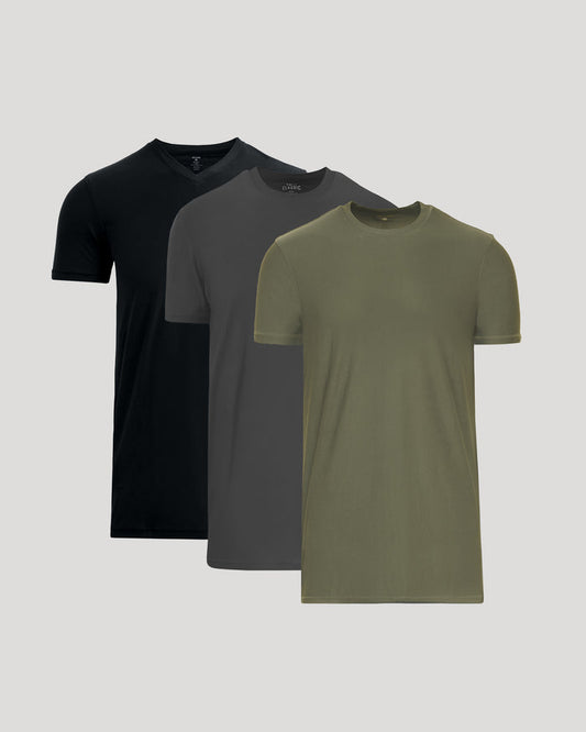 Three t-shirts in black, gray, and green on a light gray background