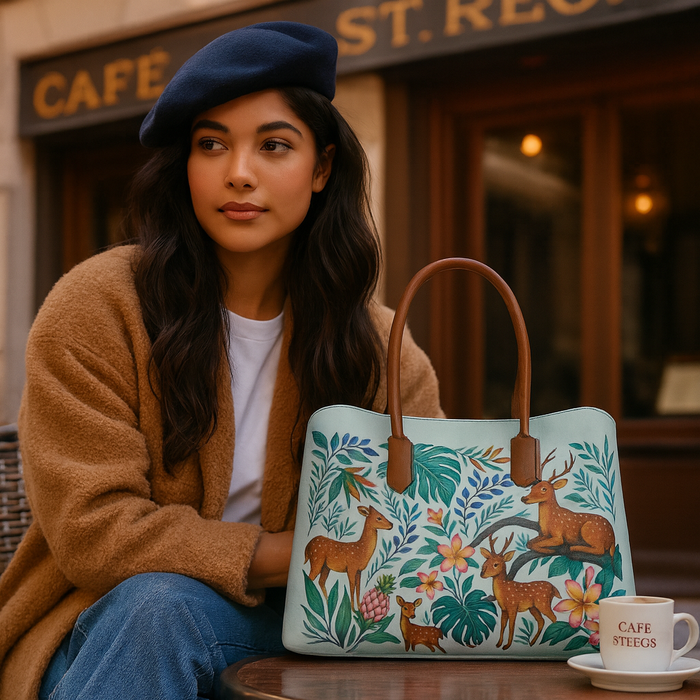 Women's handpainted deer shoulder tote bag for work, travel, and everyday use-model image