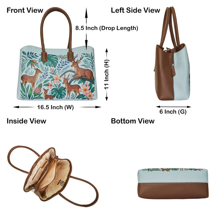 Women's handpainted deer shoulder tote bag for work, travel, and everyday use-infographic image