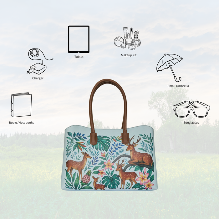 Women's handpainted deer shoulder tote bag for work, travel, and everyday use-feature image