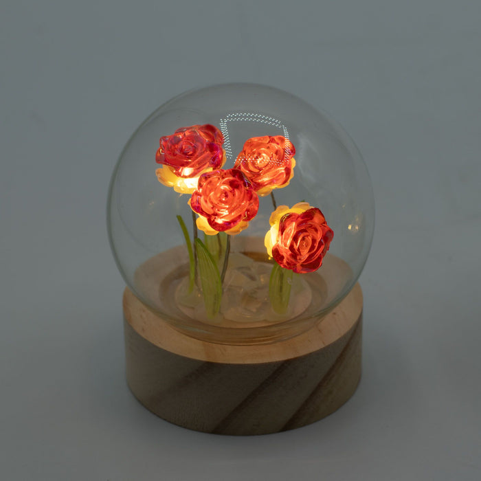 Warm LED Illuminated Red Roses Under Glass Dome with Natural Wooden Base, Battery Operated Decorative Accent