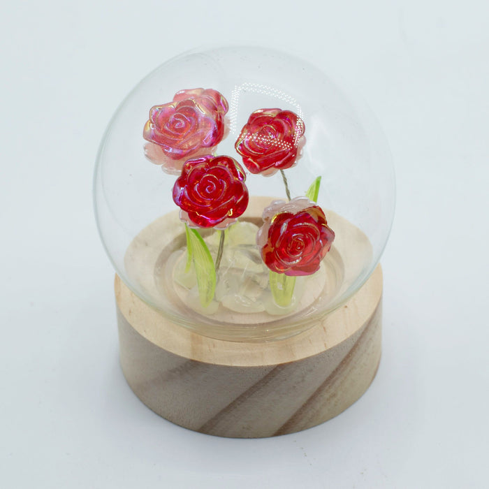 Warm LED Illuminated Red Roses Under Glass Dome with Natural Wooden Base, Battery Operated Decorative Accent