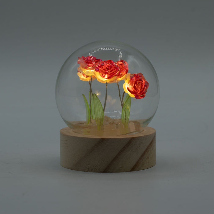 Warm LED Illuminated Red Roses Under Glass Dome with Natural Wooden Base, Battery Operated Decorative Accent