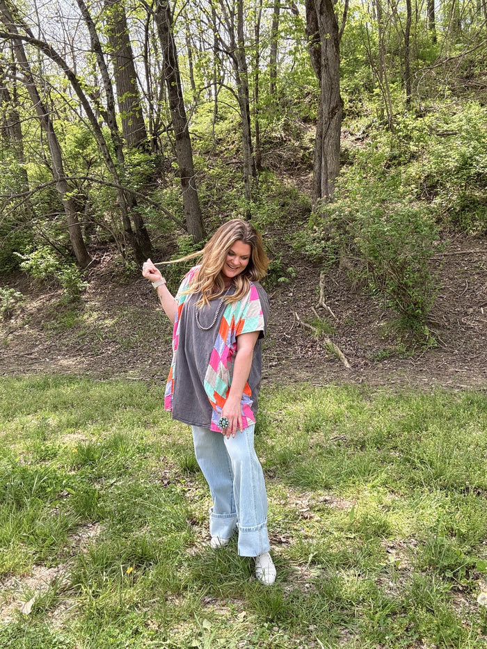 Washed Navy Patchwork Oversize Top