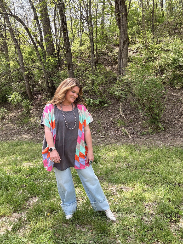 Washed Navy Patchwork Oversize Top