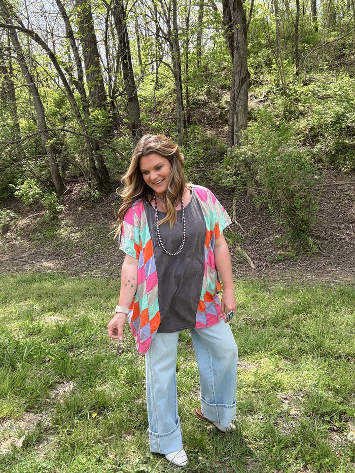 Washed Navy Patchwork Oversize Top