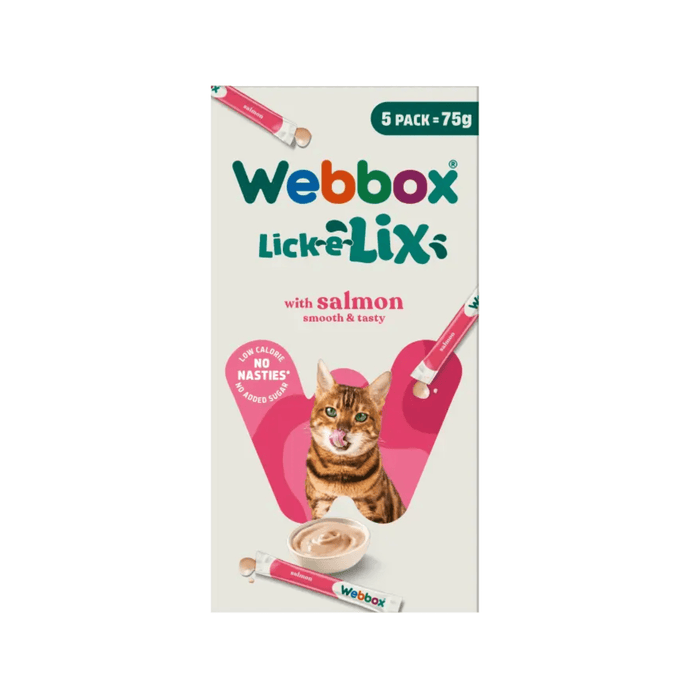 White background with a cream box of 75g Webbox Lick-e-lix salmon treats for cats, with a tabby cat licking it's lips on the box.