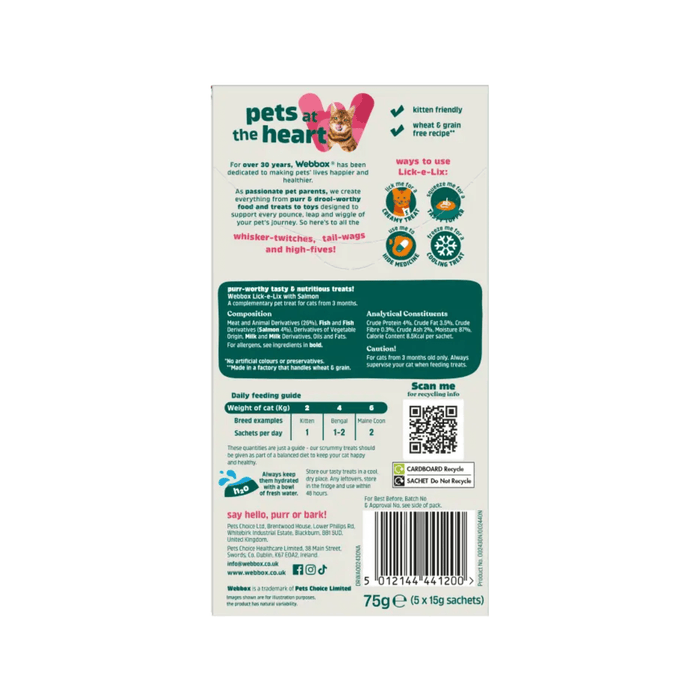 White background with a back view of a cream box of 75g Webbox Lick-e-lix salmon treats for cats, with a tabby cat licking it's lips on the box.