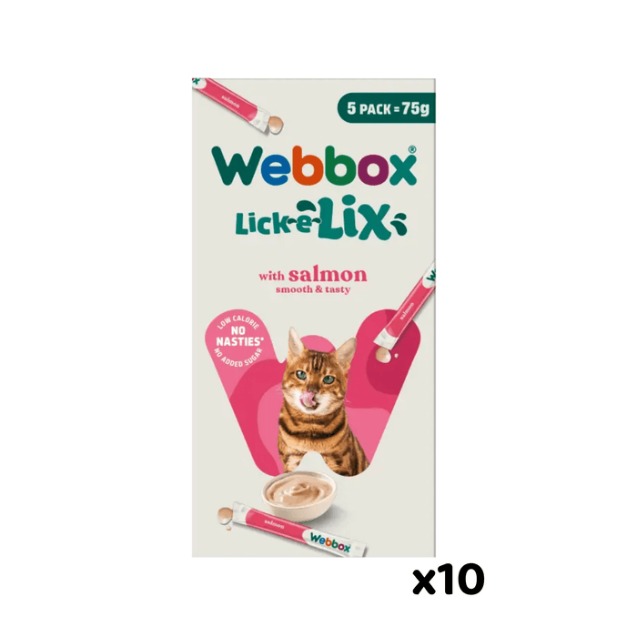 White background with a cream box of 75g Webbox Lick-e-lix salmon treats for cats, with a tabby cat licking it's lips on the box