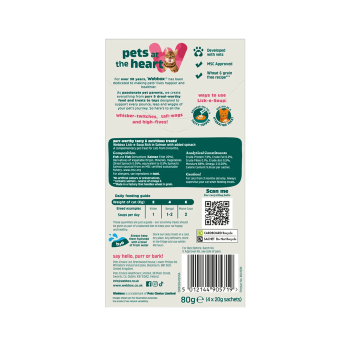 White background with a back view of a box of Webbox Lick-e-Soup salmon treats for cats.