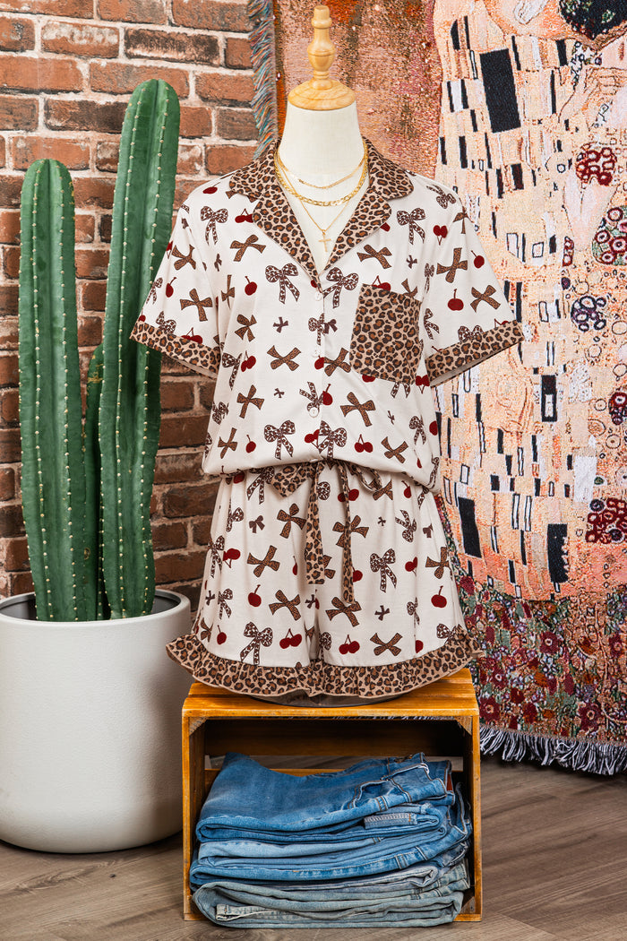 White Chic Bow Cherry Printed Leopard Contrast Patchwork Shirt Drawstring Shorts 2pcs PJ Set