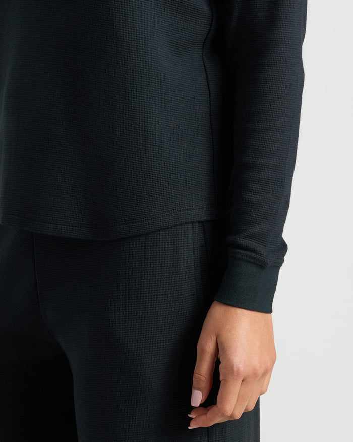 Womens Black Waffle Long Sleeve Boxy Henley in cozy waffle-knit fabric.