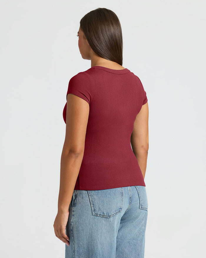 Womens Dark Maroon Ribbed U-Neck Tee, back view.