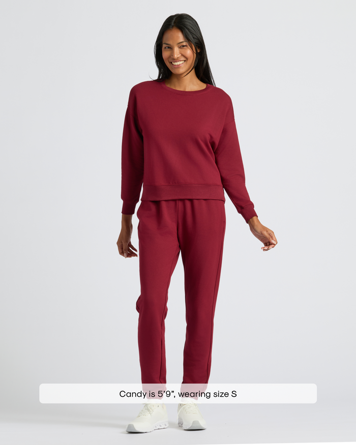 Womens Dark Maroon Slouch Pullover Crew & Relaxed Jogger modeled.