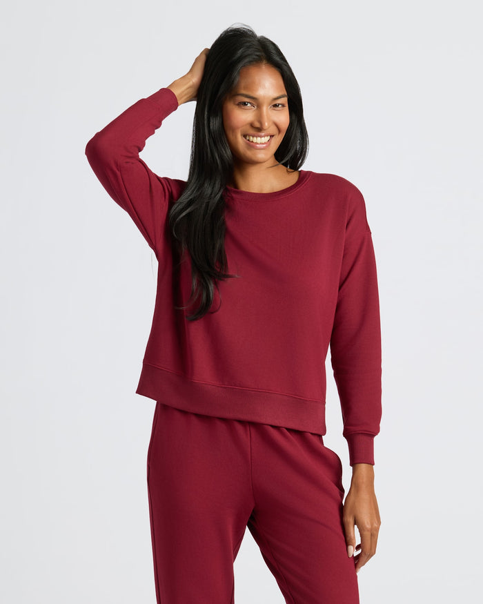 Woman modeling Womens Dark Maroon Slouch Pullover Crew & Relaxed Jogger 2-Pack.